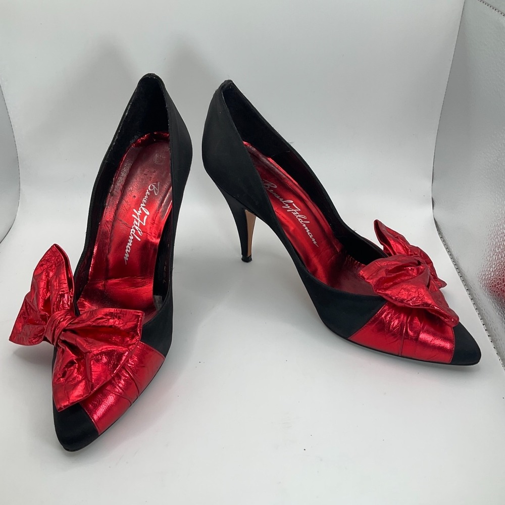 Beverly Feldman Vintage High Heels Satin Metallic Red Bow Pointy 80's Vamp Sz 8‎